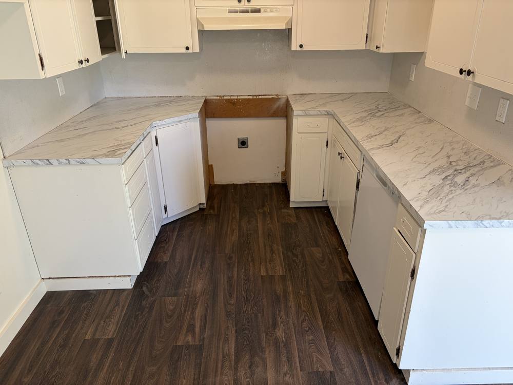 Kitchen with new marble-look Formica countertops