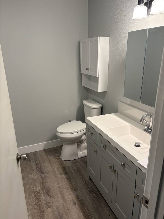 After: new vanity, toilet, storage cabinet and LVP flooring