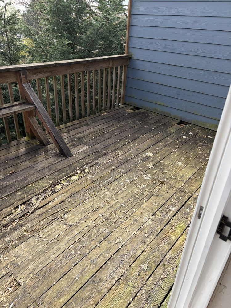 Before: worn, mossy deck boards with rot and an old weathered bench
