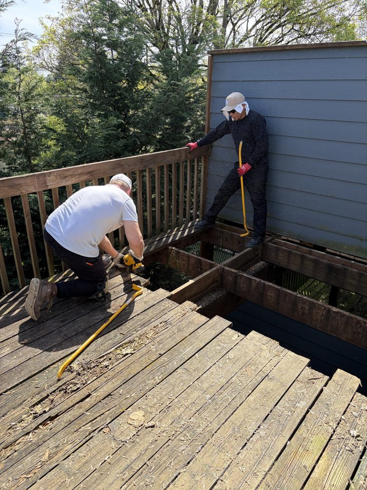 During: crew tearing out the old decking down to the joists