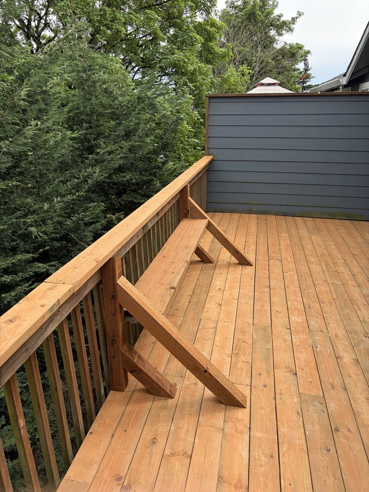 After: rebuilt bench seat and new decking, angled view