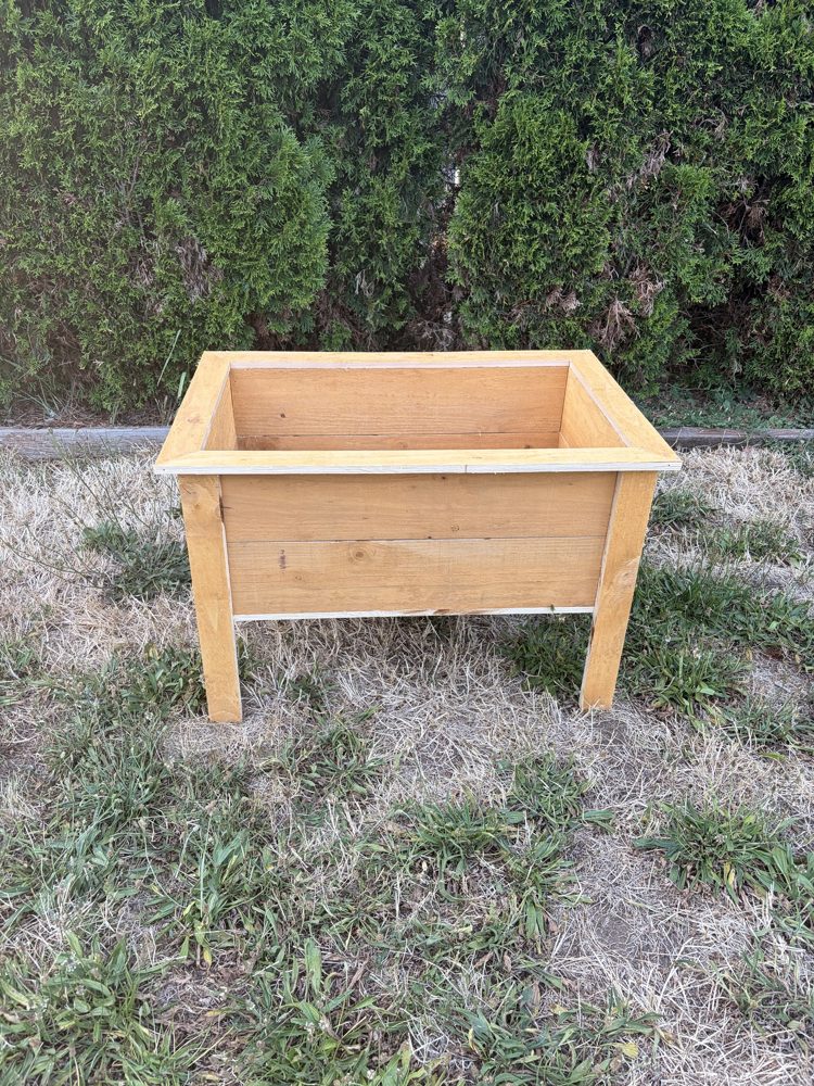 Smaller handbuilt raised planter box, front view