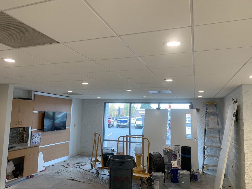 Finished drop ceiling and lighting in a commercial lobby